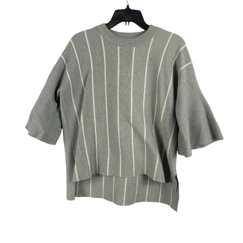 All:Row Gray & White 3/4 Bell Sleeve Striped Sweater, Size Small